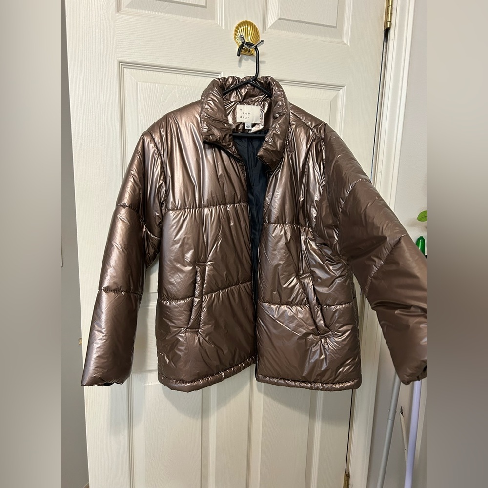 A New Day Womens Rose Gold Metallic Chrome Puffer Winter Jacket - Picture 3 of 7